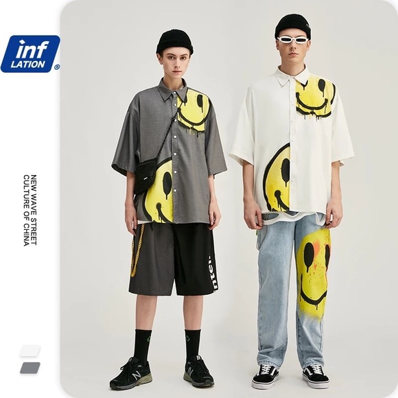 Tshirt smiley face men t-shirt gray top loose button collar - Picture 5 of 5